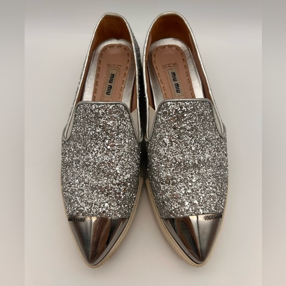 MIU MIU Glitter Slip-On Sneakers Steel Toe Pointed Size 35 Look At Photos - Picture 3 of 16